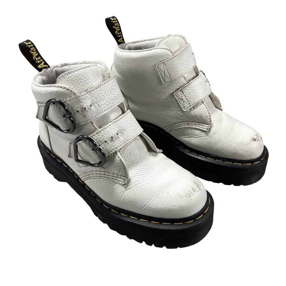 Dr. Martens Devon Heart Boots Womens Size 9 White Leather Platform Buckle Ankle